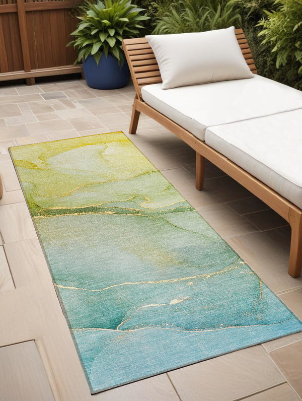 Homeroots 8' Runner Green Abstract Washable Non Skid Indoor Outdoor Runner Rug Green Polyester 559803