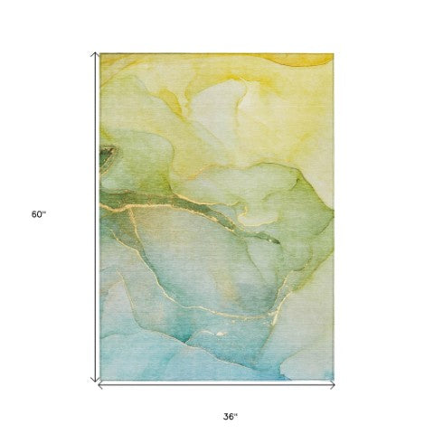 Homeroots 8' Runner Stylish Green Abstract Washable Non-skid Indoor/Outdoor Rug For Kids And Pets’ Spaces 3' X 5' Polyester 559805