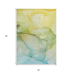 Homeroots 8' Runner Stylish Green Abstract Washable Non-skid Indoor/Outdoor Rug For Kids And Pets’ Spaces 5' X 8' Polyester 559806