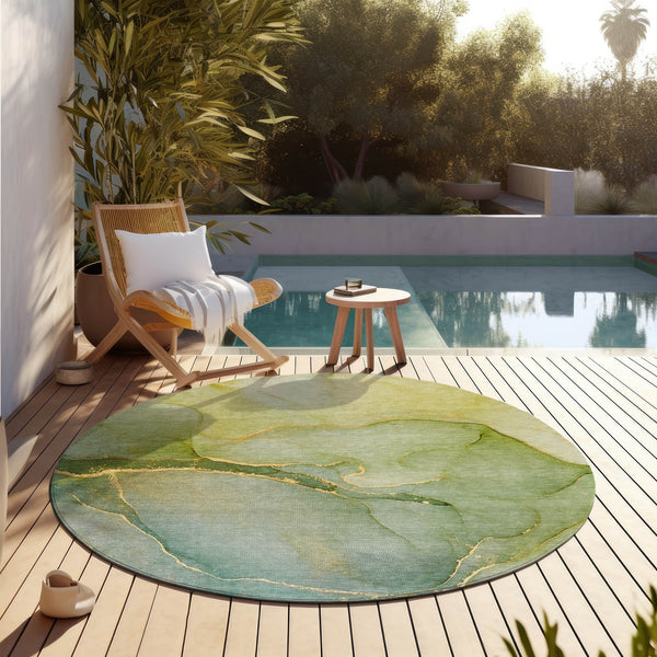 Homeroots 8' Round Green Round Abstract Washable Non Skid Indoor Outdoor Area Rug Green Polyester 559807