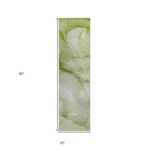 Homeroots 8' Runner Olive Green Abstract Washable Non Skid Indoor Outdoor Runner Rug Olive Polyester 559821