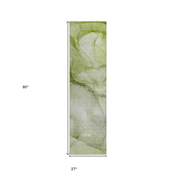 Homeroots 8' Runner Olive Green Abstract Washable Non Skid Indoor Outdoor Runner Rug Olive Polyester 559821