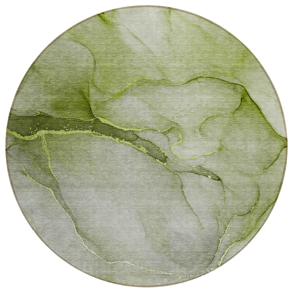 Homeroots 8' Round Olive Green Round Abstract Washable Non Skid Indoor Outdoor Area Rug Olive Polyester 559825