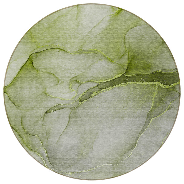 Homeroots 8' Round Olive Green Round Abstract Washable Non Skid Indoor Outdoor Area Rug Olive Polyester 559825