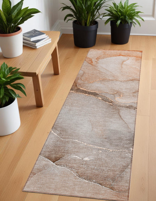 Homeroots 8' Runner Taupe Abstract Washable Non Skid Indoor Outdoor Runner Rug Taupe Polyester 559830