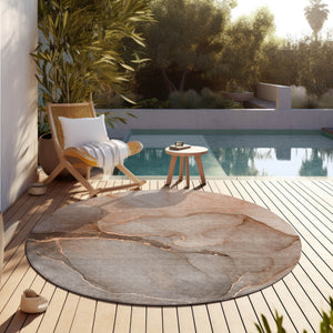 Homeroots 8' Round Taupe Round Abstract Washable Non Skid Indoor Outdoor Area Rug Taupe Polyester 559834