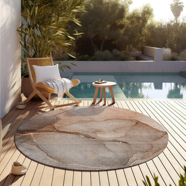 Homeroots 8' Round Taupe Round Abstract Washable Non Skid Indoor Outdoor Area Rug Taupe Polyester 559834