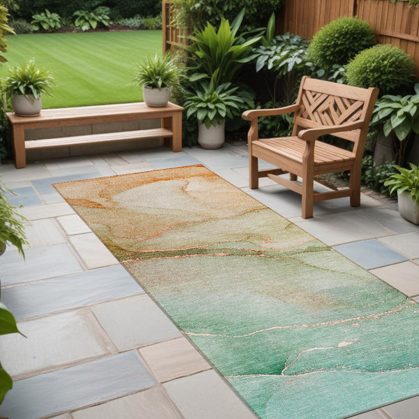 Homeroots 8' Runner Teal Abstract Washable Non Skid Indoor Outdoor Runner Rug Teal Polyester 559839