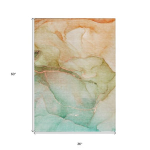 Homeroots 8' Runner Stylish Green Abstract Washable Non-skid Indoor/Outdoor Rug For Kids And Pets’ Spaces 3' X 5' Polyester 559841