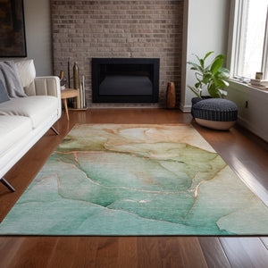 Homeroots 5' X 8' Green And Pink Abstract Washable Non Skid Indoor Outdoor Area Rug Teal Polyester 559842