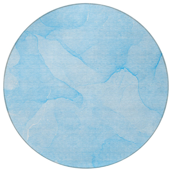 Homeroots 8' Round Blue Round Abstract Washable Non Skid Indoor Outdoor Area Rug Blue Polyester 559853