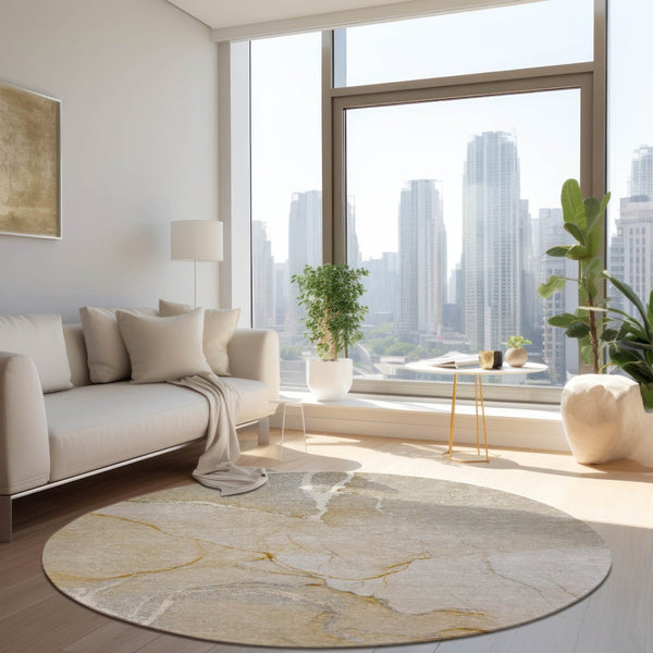 HomeRoots 5' Beige Abstract Area Rug - Washable Indoor Outdoor Design for Elegant, Durable, and Easy Care Living 8' Round 559880