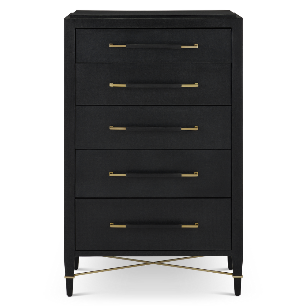 Verona Black Five-Drawer Chest with Champagne Metal Accents - Stylish Lacquered Linen Storage Solution