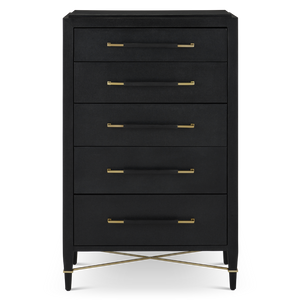Verona Black Five-Drawer Chest with Champagne Metal Accents - Stylish Lacquered Linen Storage Solution