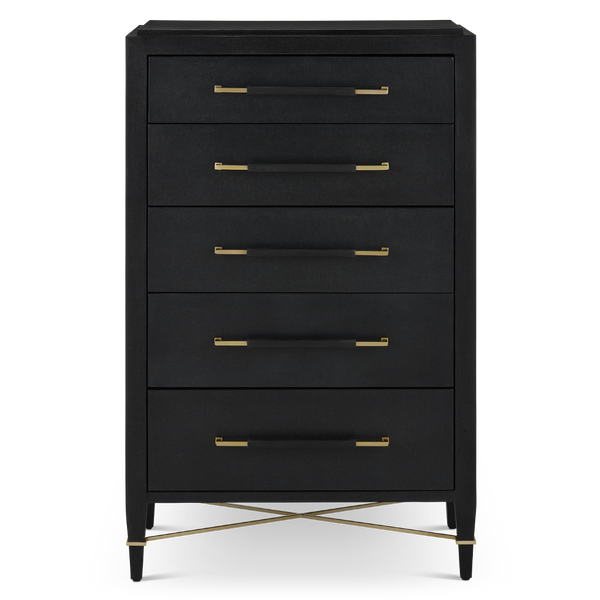 Verona Black Five-Drawer Chest with Champagne Metal Accents - Stylish Lacquered Linen Storage Solution