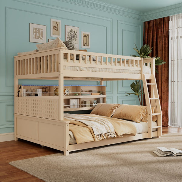 English Elm Full Xl Over Queen Bunk Bed Pinewood Frame with Led Lights Shelving Pegboard Beige LT000279AAA