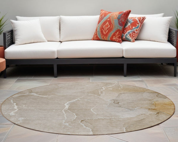 HomeRoots 5' Beige Abstract Area Rug - Washable, Non-Skid Design for Indoor & Outdoor Use, Easy Care & Stylish 8' Round 559916