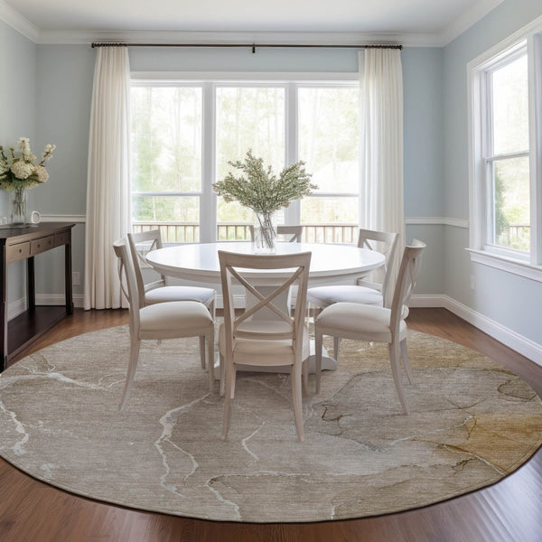 HomeRoots 5' Beige Abstract Area Rug - Washable, Non-Skid Design for Indoor & Outdoor Use, Easy Care & Stylish 8' Round 559916