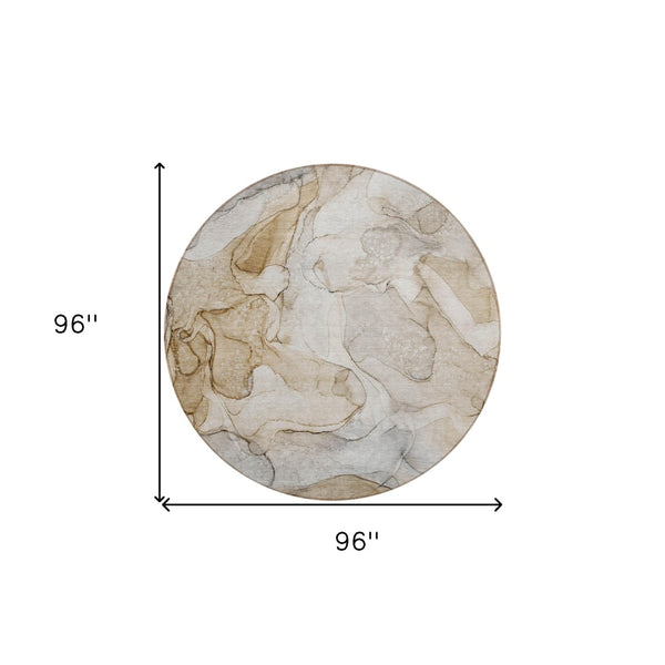 HomeRoots 5' Beige Abstract Area Rug - Washable, Non-Skid, Stain-Resistant Design for Indoor & Outdoor Use 8' Round 559952