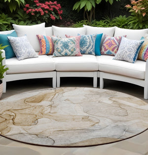 HomeRoots 5' Beige Abstract Area Rug - Washable, Non-Skid, Stain-Resistant Design for Indoor & Outdoor Use 8' Round 559952