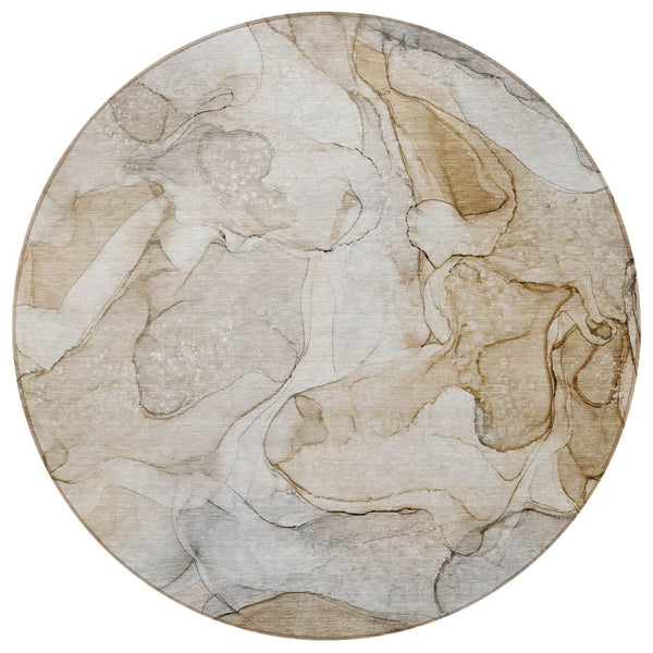 HomeRoots 5' Beige Abstract Area Rug - Washable, Non-Skid, Stain-Resistant Design for Indoor & Outdoor Use 8' Round 559952