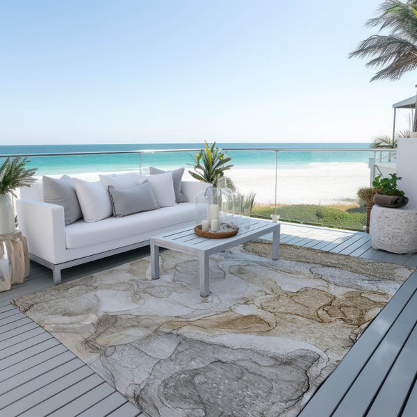 HomeRoots 5' Beige Abstract Area Rug - Washable, Non-Skid, Stain-Resistant Design for Indoor & Outdoor Use 10' X 14' 559955