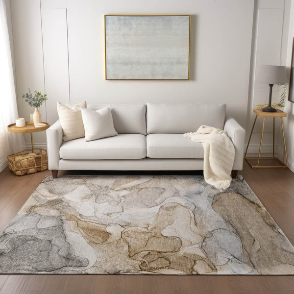 HomeRoots 5' Beige Abstract Area Rug - Washable, Non-Skid, Stain-Resistant Design for Indoor & Outdoor Use 10' X 14' 559955