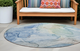 Homeroots 8' Round Blue Round Abstract Washable Non Skid Indoor Outdoor Area Rug Blue Polyester 559961