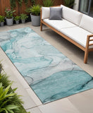 Homeroots 8' Runner Gray And Ivory Abstract Washable Non Skid Indoor Outdoor Runner Rug Teal Polyester 559966