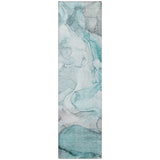 Homeroots 8' Runner Gray And Ivory Abstract Washable Non Skid Indoor Outdoor Runner Rug Teal Polyester 559966