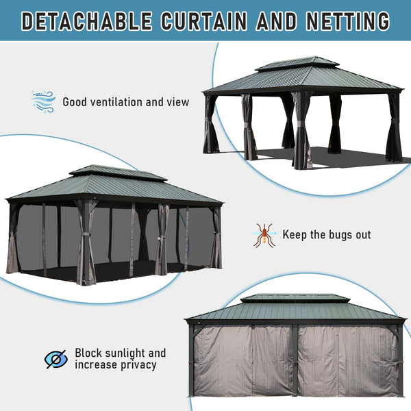 English Elm 14x22FT Hardtop Gazebo Metal Pavilion with Galvanized Double Roof, Aluminum Frame, Gutter, Curtains & Netting Grey W1859S00105