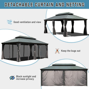 English Elm 14x24FT Hardtop Gazebo Outdoor Pavilion with Galvanized Double Roof, Aluminum Frame, Built-In Gutter System, Curtains and Mesh for Patio Garden Grey W1859S00108