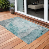 Homeroots 3' X 5' Gray And Ivory Abstract Washable Non Skid Indoor Outdoor Area Rug Teal Polyester 559968