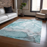 Homeroots 3' X 5' Gray And Ivory Abstract Washable Non Skid Indoor Outdoor Area Rug Teal Polyester 559968