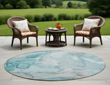 Homeroots 8' Round Gray And Ivory Round Abstract Washable Non Skid Indoor Outdoor Area Rug Teal Polyester 559970