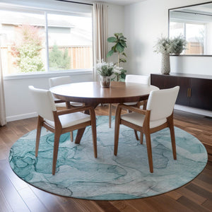HomeRoots 5' Beige Abstract Area Rug - Washable, Non-Skid, Stain-Resistant Design for Indoor & Outdoor Use 8' Round 559970