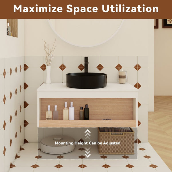 English Elm 36" Floating Bathroom Vanity Light Oak Modular Cabinet with Gel Coat Integrated Sink Black,White + Light Oak W3450S00062
