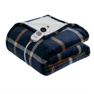 English Elm 1-piece Aztec Heated Throw with 12 Settings Auto Shutoff Soft Ivory Boho Blanket Navy Multi B035P408332
