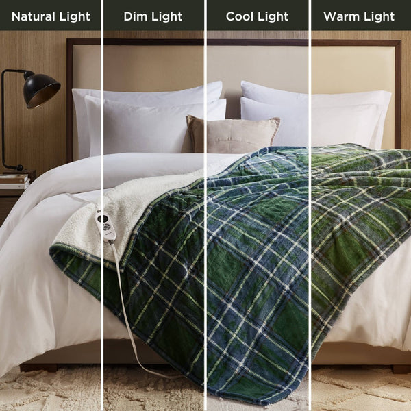English Elm 1-piece Aztec Heated Throw with 12 Settings Auto Shutoff Soft Ivory Boho Blanket Green Plaid B035P408331