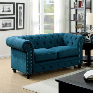 English Elm Contemporary Button-Tufted Loveseat with Nailhead Trim and Rolled Arms in Leatherette, Chic Design Teal 68 L x 30 W x 38 H B2741P322612