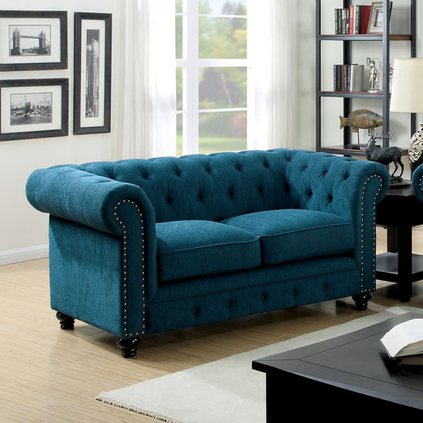 English Elm Contemporary Button-Tufted Loveseat with Nailhead Trim and Rolled Arms in Leatherette, Chic Design Teal 68 L x 30 W x 38 H B2741P322612