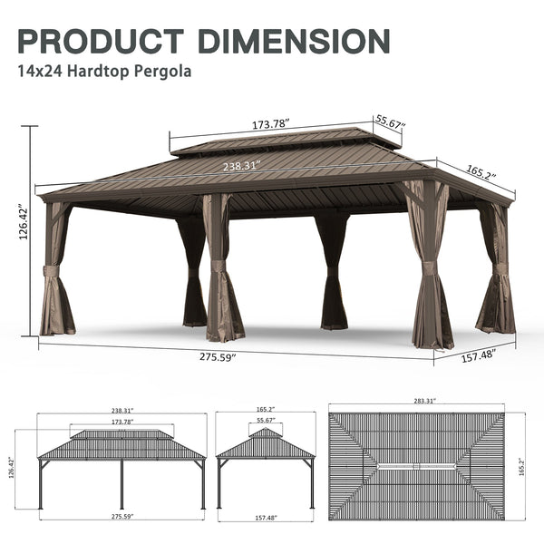 English Elm 14' X 24' Hardtop Gazebo - Durable Steel Roof, Integrated Drainage, Privacy Curtains & Insect Netting W1859S00154