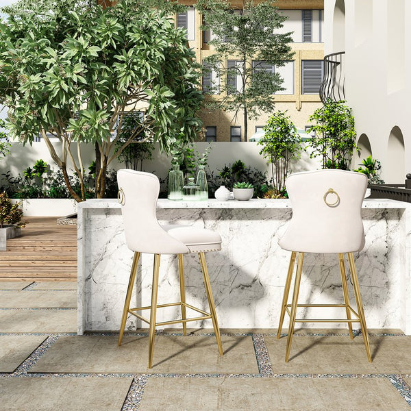 English Elm Bar Stools Set Of 2 In Beige Velvet With Gold Metal Legs, Wing-Back Design For Kitchen & Dining T3623P363044