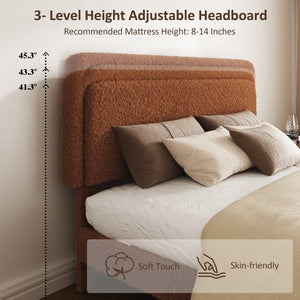 English Elm Queen Velvet Tufted Platform Bed Adjustable Headboard Steel Frame No Box Spring Brown W5239P503303