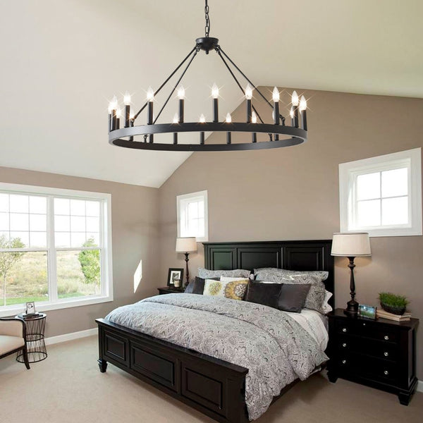 English Elm 20-light Oversized Wagon Wheel Chandelier Matte Black Farmhouse Style for Grand Spaces W5008P388936