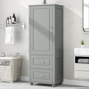 English Elm Tall Bathroom Storage Cabinet, Freestanding Storage Cabinet With Two Drawers and Adjustable Shelf, Mdf Board With Painted Finish, Grey