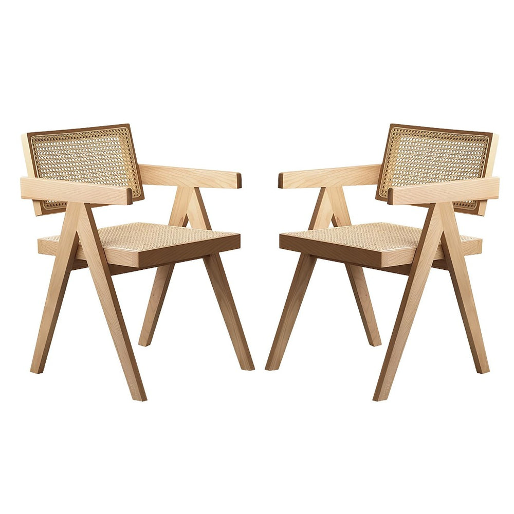 English Elm Modern Rattan Back Dining Chairs Set of 2 Solid Wood Frame Mid-century Seating W3101P414156