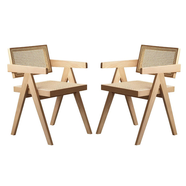 English Elm Modern Rattan Back Dining Chairs Set of 2 Solid Wood Frame Mid-century Seating W3101P414156