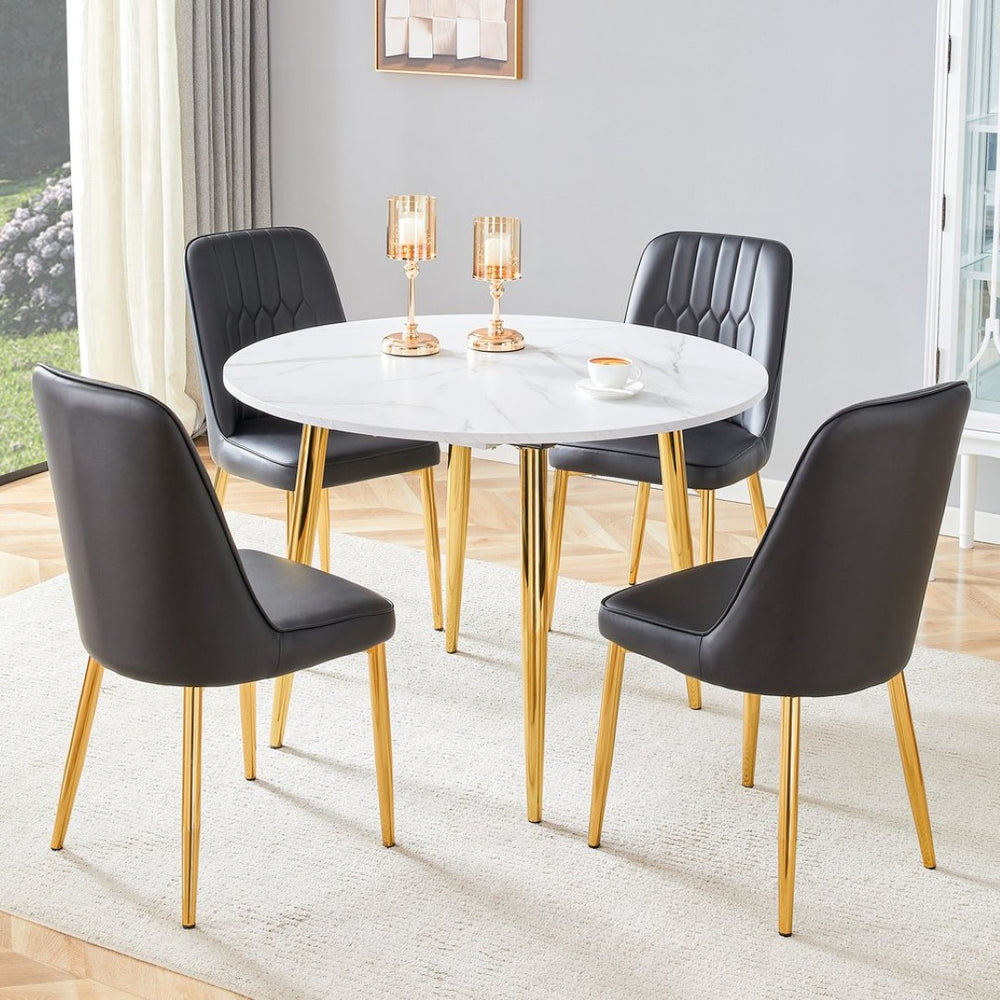 English Elm Table and Chair Set Extendable Round Oval Mdf Top with Gold Legs Four Pu Seats W1151S03952