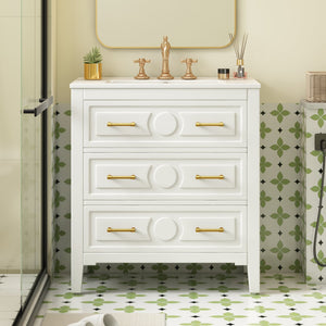 English Elm 30'' Bathroom Vanity with Ceramic Sink, Solid Wood Frame Retro Style Vanity with 3 Drawers & Gold Handles White N710P246209K